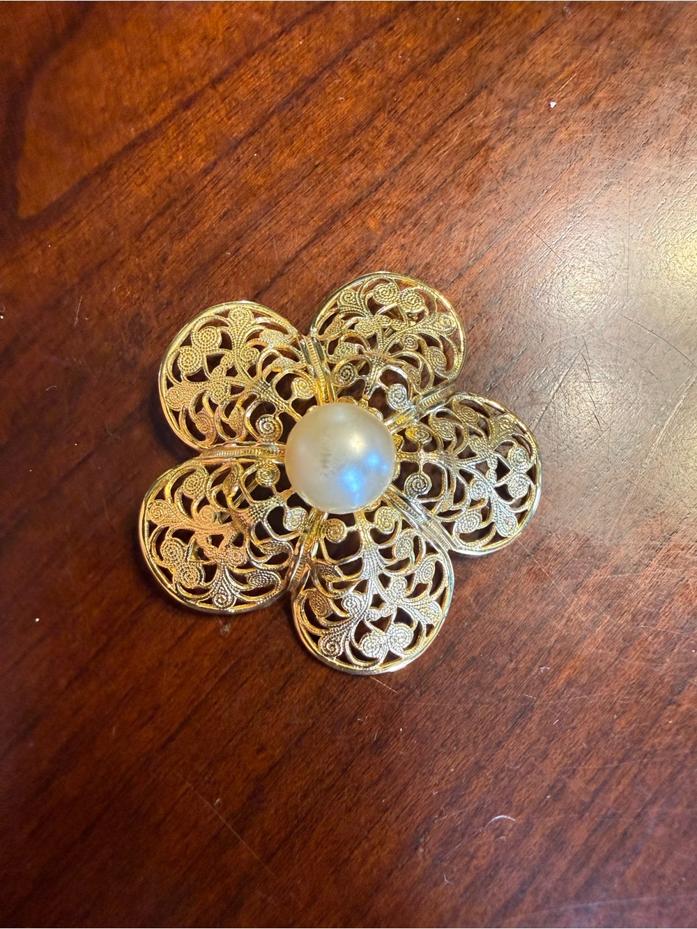 Gold Filigree Flower Brooch with Pearl Center - Women's Jewelry